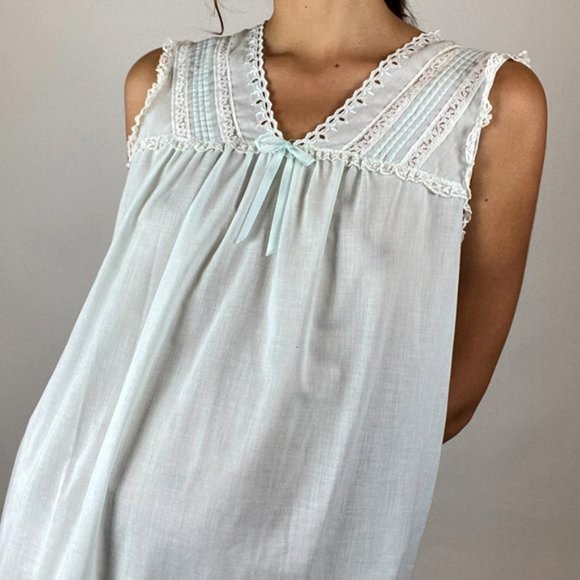 Vintage Baby Blue Cotton Lace Nightgown Slip Dress - Picture 6 of 10